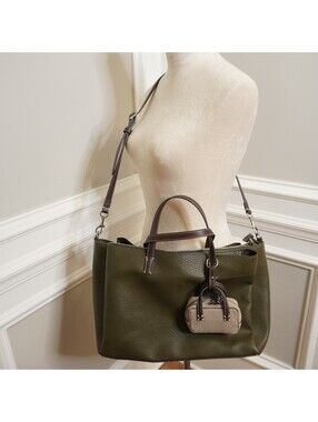 RP Collection Olive Green Leather Tote Bag with Brown Handles and Mini Beige Bag